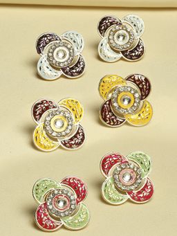 OOMPH - Combo Of 3 Meenakari Ethnic Ear Stud Earrings Floral Design With Kundan