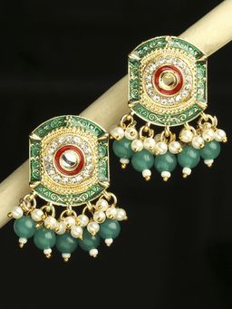 OOMPH - Green Meenakari Ethnic Drop Earrings With Kundan & Pearls