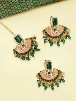 OOMPH - Pink Peach & Green Meenakari Maangtikka Set With Drop Earrings