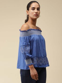 Label Ritu Kumar - Blue Smocked Off Shoulder Embroidered Top