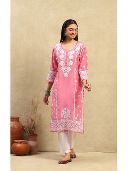House of Chikankari - Pink Chanderi Chikankari Women Long Kurta