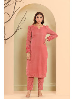 LIROSE - Velvet Straight Pink Kurta Having Organza Ruffle with Pant (Set of 2)