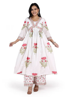 LIROSE - Pure Cotton Block Print White Anarkali In Alia Neckline Style with Palazzo (Set of 2)