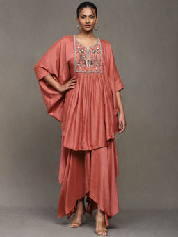 Ritu Kumar - Rust Solid Silk Kurta With Palazzo (Set of 2)