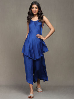 Ritu Kumar - Blue Solid Satin Kurti With Palazzo & Scarf (Set of 3)