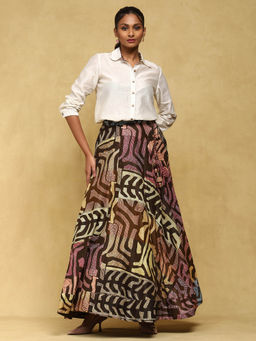 Ritu Kumar - Khaki Printed Chanderi Shirt With Skirt Co-Ord (Set of 2)