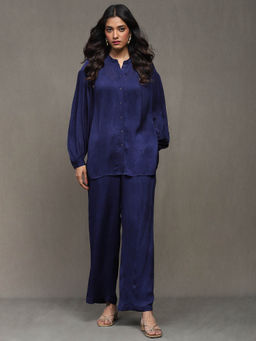 Ritu Kumar - Blue Solid Satin Shirt With Pant Co-Ord (Set of 2)