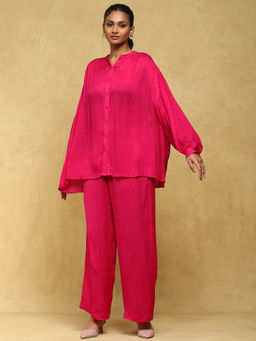 Ritu Kumar - Fuchsia Solid Satin Shirt With Pant Co-Ord (Set of 2)