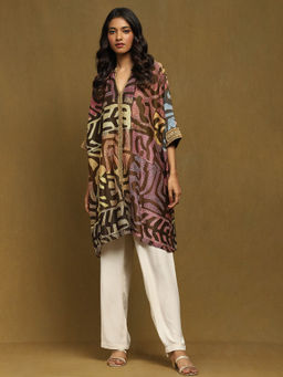 Ritu Kumar - Khaki Printed Chanderi Kaftan