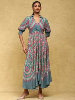 Ritu Kumar - Teal Botanic Print Long Dress
