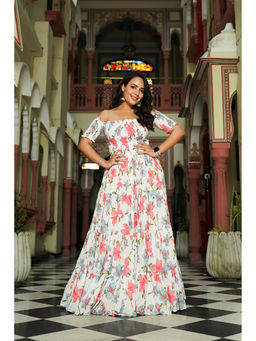 Indian Virasat - Contemporary White Floral Off Shoulder Dress
