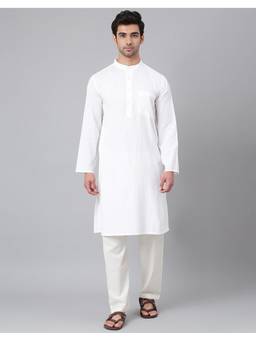 Fabindia - White Cotton Dobby Long Casual Kurta