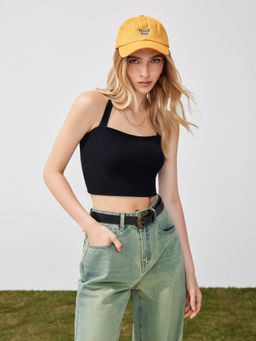 Cider - Black Solid Halter Knotted Cami Crop Top