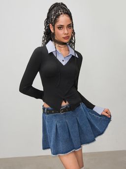 Cider - Black Woven Collar Stripes Patchy Top