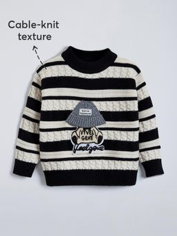 Hopscotch - Black Textured Full Sleeve Cable Knit Sweater