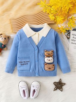 Hopscotch - Blue Teddy Bear Applique Full Sleeve Cardigan