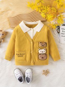 Hopscotch - Boys Mustard Teddy Bear Applique Full Sleeve Sweater