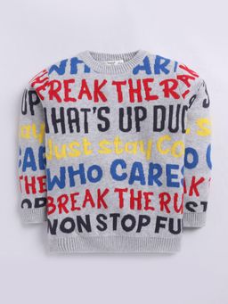 Hopscotch - Boys Grey Melange Text Print Full Sleeve Cotton Sweater