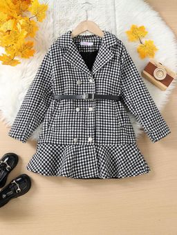 Hopscotch - Black Houndstooth Print Long Coat with Belt