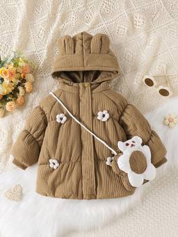 Hopscotch - Girls Khaki Floral Applique Full Sleeve Long Coat with Handbag