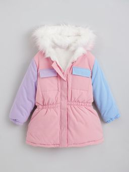 Hopscotch - Pink Colorblock Hooded Full Sleeve Long Coat