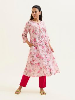 Jaipur Kurti - Pink Floral A-Line Kurta