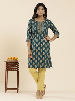 Jaipur Kurti - Ethnic Motif Printed Straight Kurta Teal