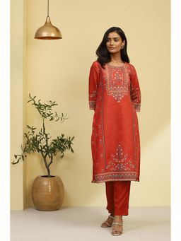 Biba - Womens Rust Chanderi Printed Straight Kurta