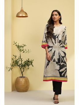 Biba - Womens Beige Floral Printed Straight Kurta