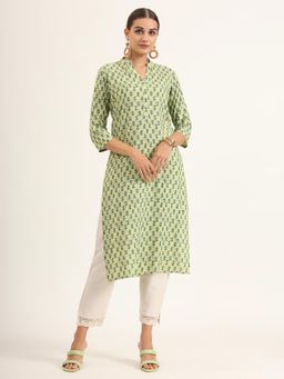 Divena - Green Floral Print Pure Cotton Straight Kurta