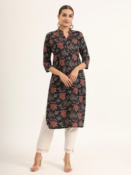 Divena - Black Floral Print Rayon Straight Kurta