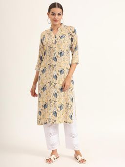Divena - Yellow Floral Print Rayon Straight Kurta