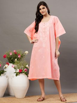 RAKHI APPARELS - Peach Cotton Chikankari Kaftan