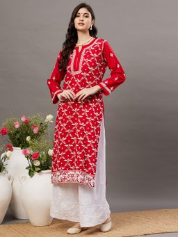 RAKHI APPARELS - Red Cotton Chikankari Round Neck Kurta
