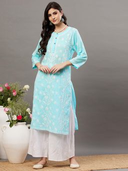 RAKHI APPARELS - Blue Cotton Chikankari Round Neck Kurta