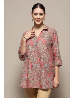 Biba - Womens Pink Cotton Floral Printed A-Line Shirt Style Tunic