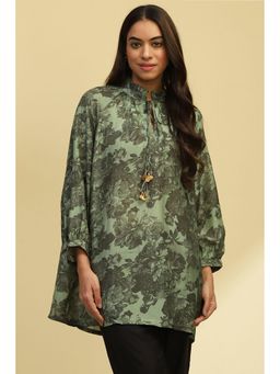Biba - Womens Green Viscose Blend Floral Printed Straight Tunic