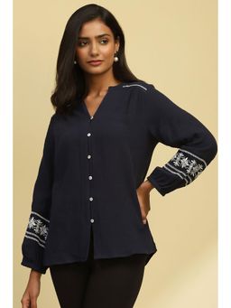 Biba - Womens Navy Blue Cotton Solid Straight Tunic