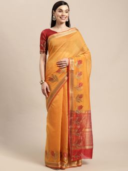 VAIRAGEE - Orange and Red Ethnic Motifs Cotton Saree with Unstitched Blouse