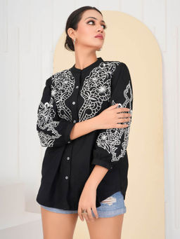 KAFTANIZE - Solid Black Embroidered Mandarin Collar Cotton Poplin Shirt