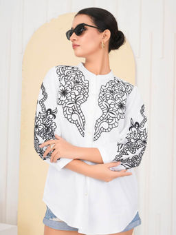 KAFTANIZE - White Embroidered Mandarin Collar Cotton Poplin Shirt