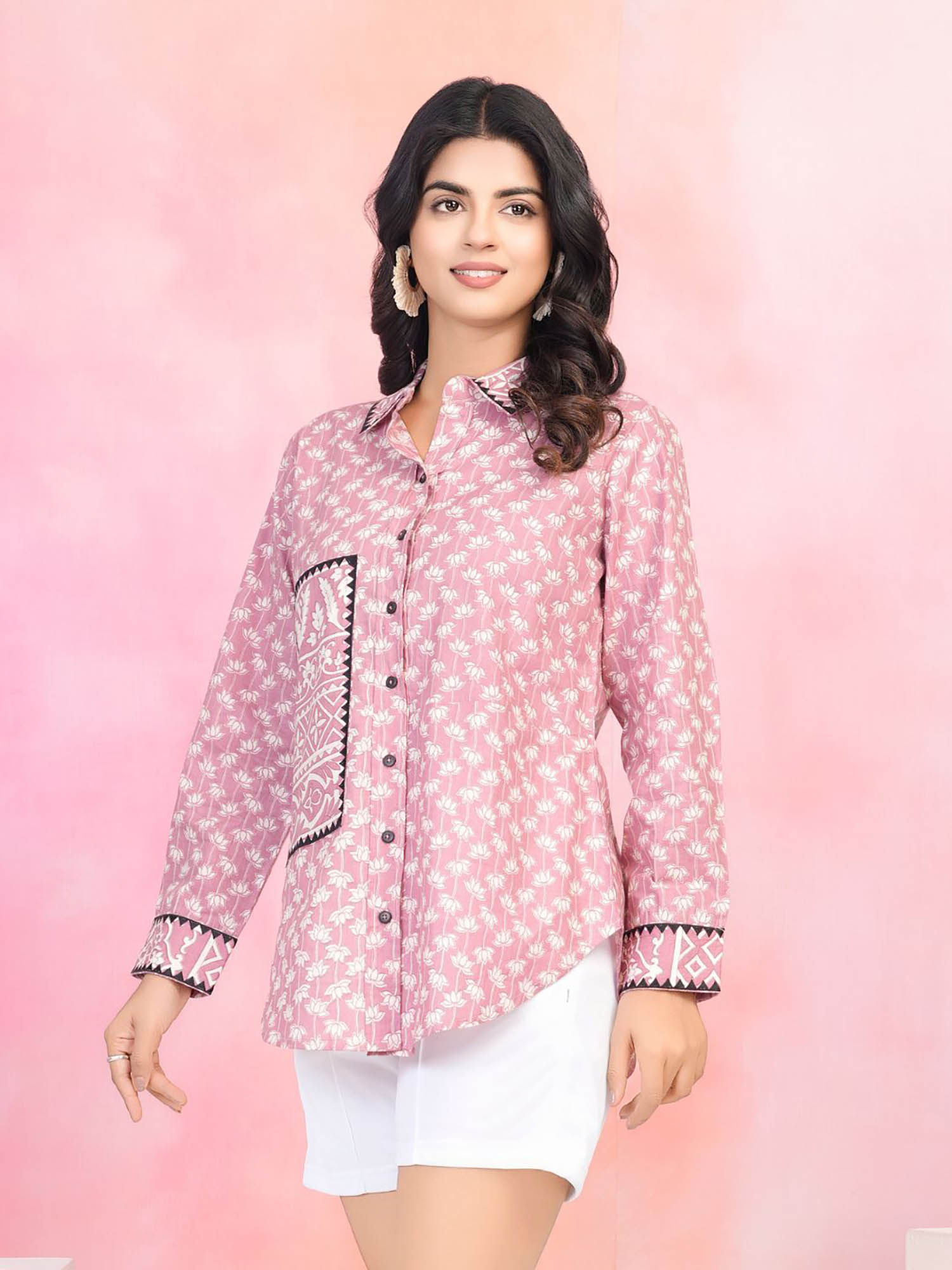 Dusty Pink Cotton Cambric Shirt with Lace Detailed Collar-image-22