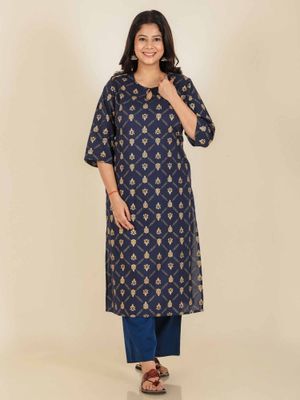Women Navy Blue Sleevless Assymetrical Cotton Kurta main image 0
