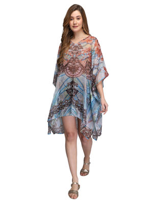 Aditi Wasan V-Neck Satin Ombre Blue Kaftan Maxi Dress