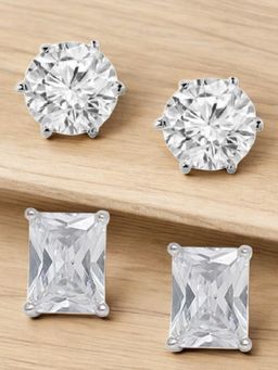OOMPH - Silver Stud Earrings - Small Round And Rectangle Cubic Zirconia (Pack of 2)