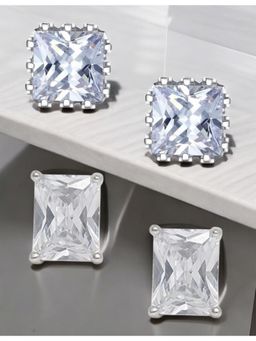 OOMPH - Silver Stud Earrings - Small Square And Rectangle Cubic Zirconia (Pack of 2)