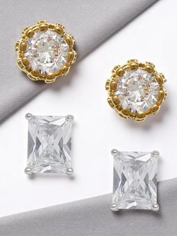 OOMPH - Silver And Gold Stud Earrings - Small Round And Rectangle Cubic Zirconia (Pack of 2)