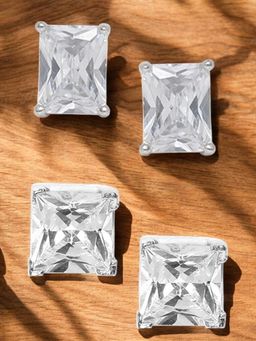 OOMPH - Silver Stud Earrings - Small Square And Rectangle Cubic Zirconia (Pack of 2)