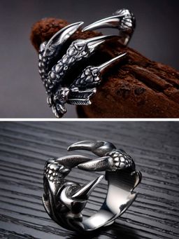 OOMPH - Oxidised Silver Tone Vintage Gothic Dragon Claw Biker Fashion Rings (Pack of 2) (9)