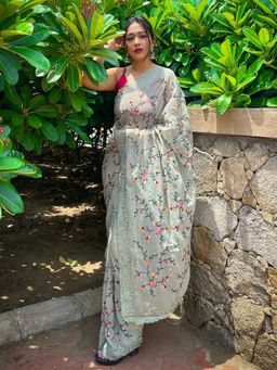 Odette - Green Embroidered Georgette Saree with Unstitched Blouse